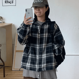 Kironi Check String Hooded Zip-Up Jumper