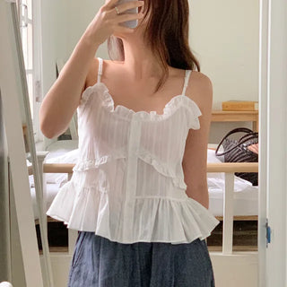 Dinu Lace Embroidered Frill Sleeveless Blouse