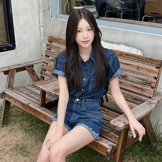 dark blue denim short-sleeve shirt