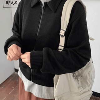 Rikumi Ribbed Knit Collar Zip-Up Cardigan