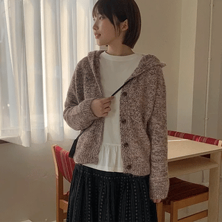 Omonk Heathered Raglan Wool Hooded Knit Cardigan