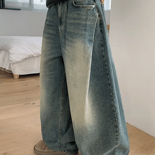 Techoni Washed Pintuck Balloon Wide Denim Pants
