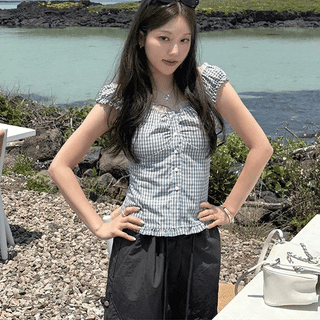 Check frill blouse