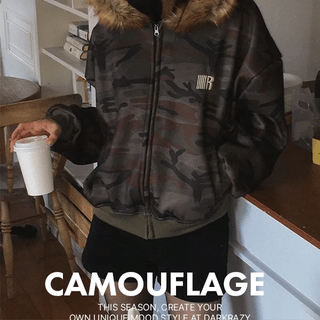 Camo Raccoon Fur Hooded Zip-Up Jacket