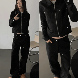 Wavy Studded Cotton Collar Cotton Jacket