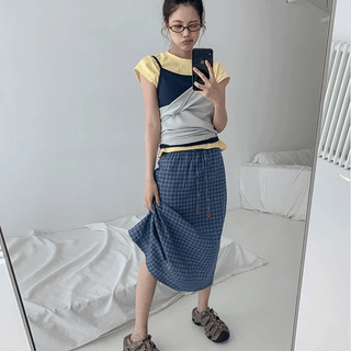Suire Check Elastic Long Skirt