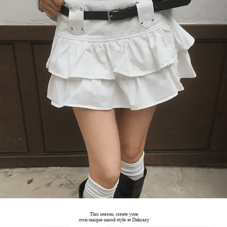 Autumn Cotton Belted Tiered Mini Skirt