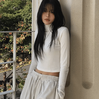 Fleece-lined Turtleneck Crop T-shirt