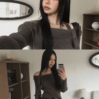 Douz Off-Shoulder Buckle Knit