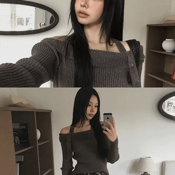 Douz Off-Shoulder Buckle Knit