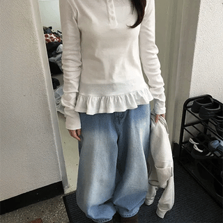 Dallo Henley Neck Frill Long Sleeve Tee