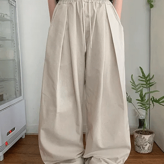 Kelter Linen Pintuck Elastic Waist Wide Pants