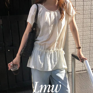 Wrinkle Halter Strap Short Sleeve Blouse