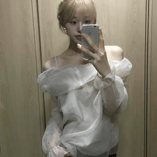 Blanc Shirred Off-Shoulder Blouse / Mini Chiffon Dress Delicate Fit Loose Fit Spring Clothes