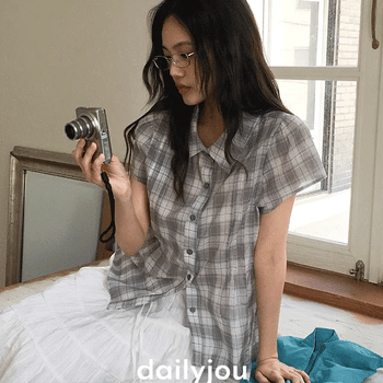 Meria Check Pintuck Cap Sleeve Blouse