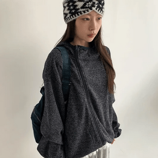 Puve Diagonal Knit Zip-Up Hoodie