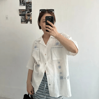 Bodia Punched Lace Collar Short Sleeve Shirt
