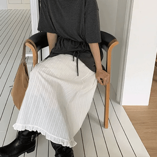 Wetten Lace Embroidered Frill Elastic Waist Long Skirt