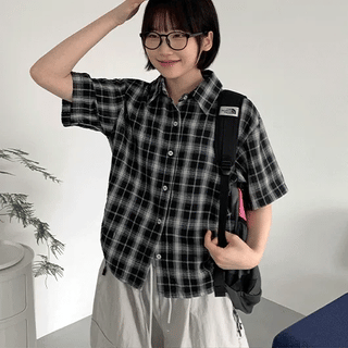 Wood Check Shirred Strap Wrinkle Crop Short Sleeve Shirt
