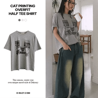 Cat Print Oversized Short Sleeve T-shirt