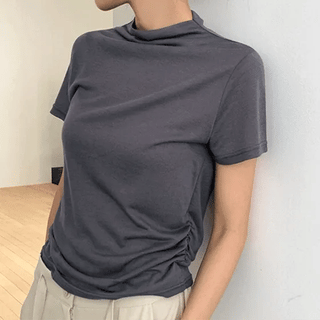 Twelve Summer Soft Shirred Mock Neck Short Sleeve Tee