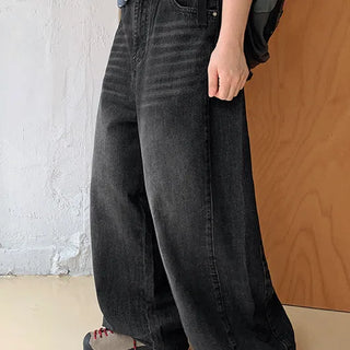 Lindo Cat Wash Snap Button Folding Wide Denim Pants