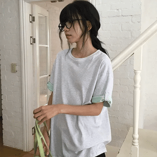 Blank Loose Fit Contrast Sleeve Button Roll-up Short Sleeve Tee