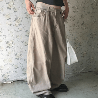 Color stripe belt detail big wide cotton pants