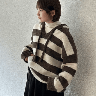 Q-N Stripe Wool V-Neck Hooded Knit