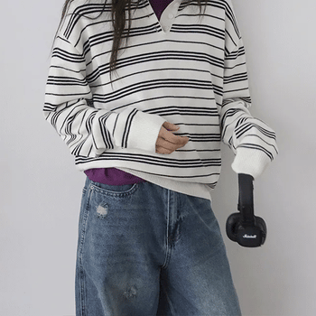 Bebe Striped Collar Loose Fit Knit