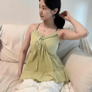 Jeju Island Outfit* Pomel Frill Sleeveless Blouse