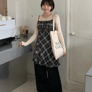 Suko Shirred Check Layered Midi Dress