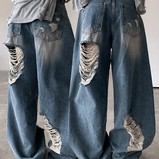 Sally Vintage Washed Distressed Wide Denim Pants