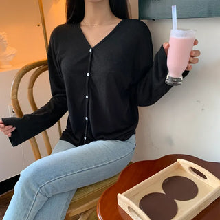 Linen Loose Fit Basic Plain V-Neck Cardigan