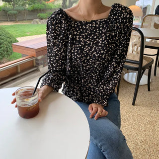 Square Neck Shirred Small Floral Blouse