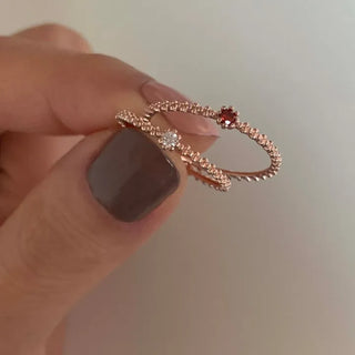 Rose Gold Textured Layered Ring (White Cubic/Red Cubic)