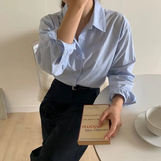 Daily Basic Loose Fit Shirt Blouse Long Sleeve Basic Plain Shirt Autumn Shirt  Sky Blue Light Blue Pink