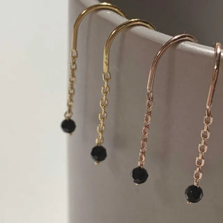 Black Spinel Gemstone Hoop Chain Earrings (Rose Gold, Gold)