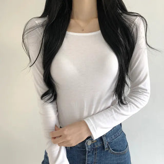 The best place for basic t-shirts, Fleece-lined U-neck Stretchy Slim Fit Long Sleeve T-shirt