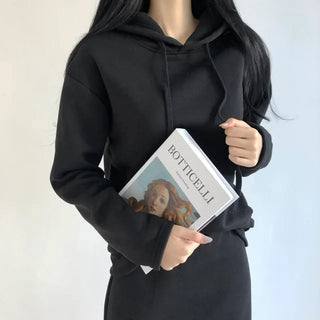 Effortless Chic Loose Fit Fleece-Lined Hoodie + Elastic Side Slit Long Skirt Two-Piece Set