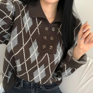 Unique Loose-fit Argyle Collar Knit