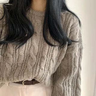 Fluffy Cable Knit Round Loose Fit Knit