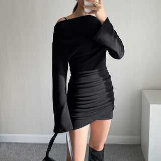 Drape Off-Shoulder Dress   Year-End Party Dress Christmas Slim Mini Dress