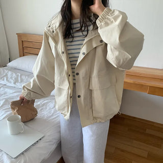 Spring Drawstring Hooded Short Field Jacket Oversized Loose Fit Field Outerwear