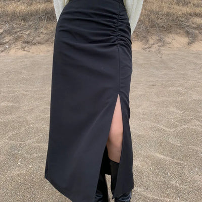 Shirred Long Slit Skirt (2 colors)