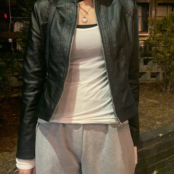 Collarless leather jacket
