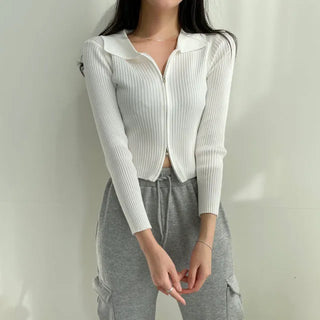 Beginning Double Zipper Collar Ribbed Knit Zip-Up Cardigan 5col