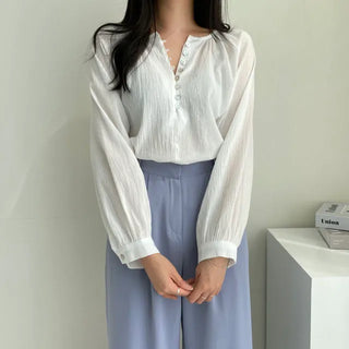 Anne's Mother-of-Pearl Button Shirred Blouse