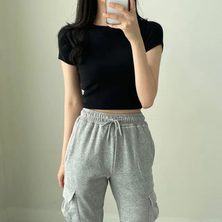 Stretchy Plain Cropped Short Sleeve T-shirt