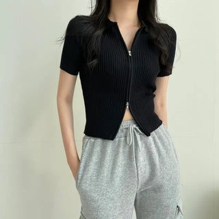 Raon Double-Zipper Ribbed Short Sleeve Knit Zip-Up Cardigan 5col